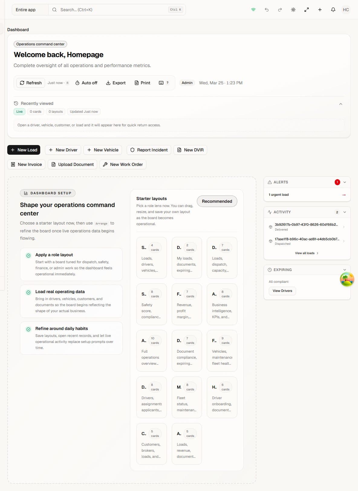 RigBase operations overview — dispatch board, safety, fleet, and compliance in one view